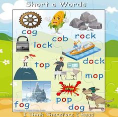 a poster with words and pictures on it that say, short o words go to rock top