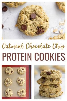 oatmeal chocolate chip protein cookies collage with text overlay that reads, oatmeal chocolate chip protein cookies