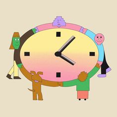 an animated clock with people around it