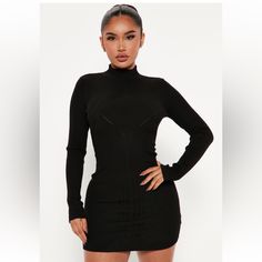 Questions? Leave A Comment Below! Casual Mini Dress For Winter Clubbing, Casual Mini Dress For Club In Winter, Casual Winter Mini Dress For Club, Casual Black Bodycon Dress For Club, Fitted Mini Sweater Dress For Parties, Chic Ribbed Bodycon Dress For Club, High Neck Ribbed Mini Dress For Party, Ribbed Club Dresses, Black Asymmetrical Bodycon Mini Dress