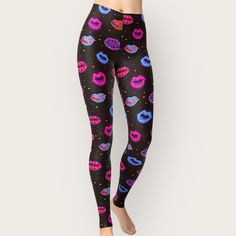 This Legging Features High Quality 3d Digital Print; 80's Color Splash Leggings, Colorful Lips Pattern. Elastic Waistband On Very Soft Stretchy Thick Fabric. Suitable For Daily Wear Workout Or Pajamas. Condition New With Tags Product Details Color Neon Colorful Lips Elastic Waist Buttery Soft Fabric 4-Way Stretchy Elastic Material Pull On Styling Imported Size & Fit (Approx Flat Lay Measurements) Size Medium Waist 11" Front Rise 10" Inseam 29" Materials & Care 95% Polyester, 5% Spandex Machine W 90s Style Black Summer Pants, Black 90s Style Summer Pants, 90s Black Graphic Print Bottoms, Retro Stretch Bottoms For Night Out, Trendy Bottoms With Graphic Print For Party, Trendy Graphic Print Bottoms For Party, Black Stretch Disco Bottoms, Trendy Stretch Leggings With Graphic Print, Black Disco Bottoms For Summer