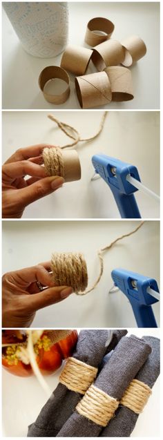 four different pictures showing how to make toilet paper rolls with scissors and twine rope