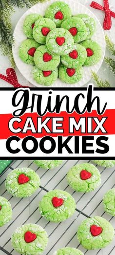 green cookies with red hearts on them and the title overlay reads glunch cake mix cookies