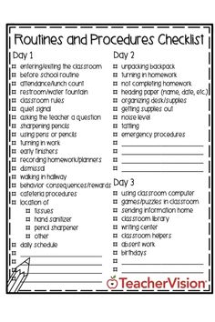 printable routine and procedure checklist for teachers to use on their school's day