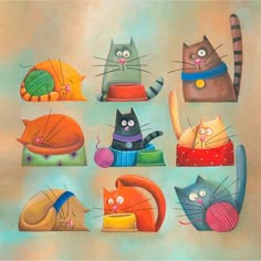 a painting of cats with different colors and sizes