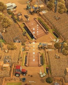 an aerial view of a farm with tractors and machinery