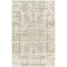 a beige and white rug with an intricate design on the bottom, in front of a white background