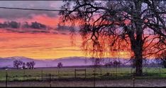 the sun is setting over a field with trees and mountains in the backgroud