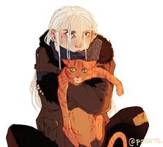 an anime character holding a cat in his arms