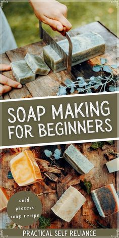 soap making for beginners book cover with hands on a wooden table and soap blocks