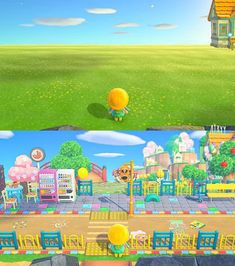 two screens showing the same scene in animal crossing, and an image of a park