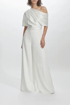 Wide Leg Jumpsuit Outfit, Drape Jumpsuit, Jumpsuit Wedding Guest, Bridal Suit, Amsale Dress, January Wedding, Draped Bodice, Satin Jumpsuit, Bridal Jumpsuit