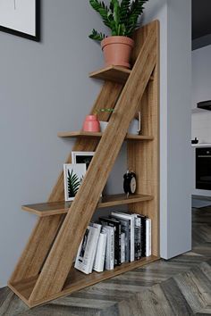 a wooden shelf with books and plants on it