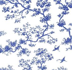 a blue and white wallpaper with birds flying in the sky next to tree branches