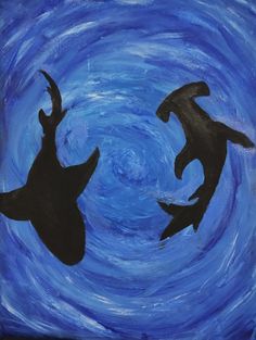 two black birds flying in the air above blue swirly water with white circles on it