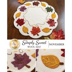 this is an image of a wool mat with autumn leaves on it and the words simply sweet