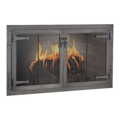 two glass doors with fire flames in them