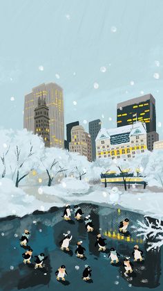 a painting of ducks swimming in a pond with snow on the ground and buildings behind them