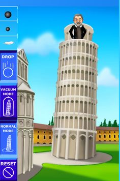 an animated image of a man standing on top of a tall tower in front of a building