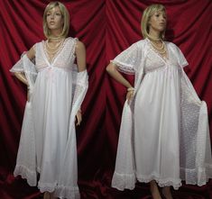 Stunning full length Vintage bridal white nylon & lace peignoir set , has a  tie up front on the brunch coat  &  nightgown both are trimmed with lace   , this set would be perfect for the Bride to be  !  & comes in size  34 (USA)     12 (AU)  Made by ''NightMagic" lingerie . # Please see last photo for hole in the nightie Coat Set, Peignoir Sets, Lingerie Sets, Vintage Bridal, Bride To Be, Lingerie Sleepwear, Lingerie Set, Night Gown, Outfit Sets