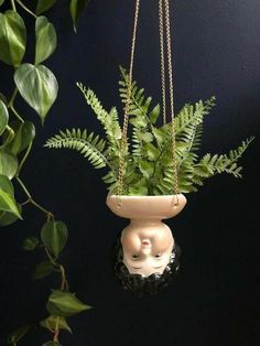 a potted plant with a face hanging from it's side on a chain