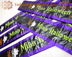 five halloween candy wrappers with the words miss and mr written on them in purple