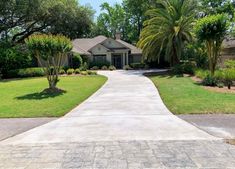 a driveway leading to a house with palm trees