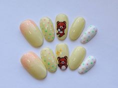 How cute are these Rilakkuma press ons 😍🥺  #glossify #rilakkuma #rilakkumanails #polkadotnails #cartoonnailart #cartoonnails #yellownails #roundnails #nailart #nailaddict #nails #nailsoftheday #naildesigns #notd #nailpro #showscratch #gelpolish #gelnails #nailsmagazine #scratchmagazine #nailtech #middletonnails #naturalnails #manchesternails #alkringtonsalon #alkringtonnails #nailsbynina Bears Nail Art, Polka Dot Nail Art Designs, Polka Dot Nail Art, Kawaii Nail Art, Bears Nails, Japanese Nail, Unicorn And Glitter