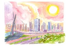 a drawing of a city skyline with the sun in the background