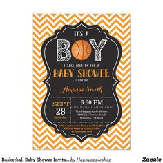 an orange and black baby shower with a basketball ball on it's back, in the middle of a chevron pattern