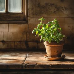 a small potted plant sitting on top of a wooden table next to a window