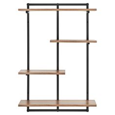 three wooden shelves with black metal brackets and wood shelves on each side, one is empty