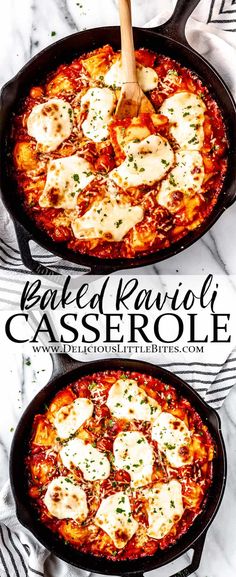 baked ravioli casserole in a cast iron skillet on a marble table