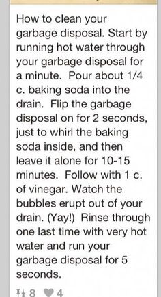 the text reads, how to clean your garage disposal start by running hot water through your garage disposal for a minute