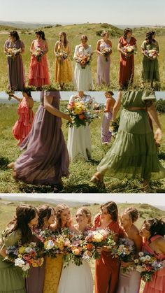 the bridesmaids are holding their bouquets in different colors and styles, all wearing long dresses