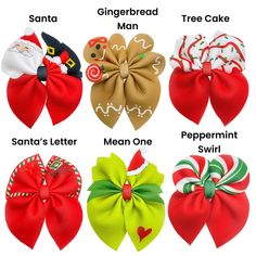 Gingerbread, Tree Cake, Peppermint Swirl and Santa Neoprene Bubble Sailor Hair Bows These soft, Christmas characters and shapes neoprene sailor bows can be quickly cut and assembled for a trendy holiday season bow. They're ideal for easy at-home styling, individual use, or even resale. These bows include Santa, the Mean One, a gingerbread man and other Christmas elements. Get creative and add a splash of color to your look with these low-maintenance bows – perfect for this upcoming festive seaso Hair Bow Bouquet, Christmas Fabric Bows, Christmas Hair Bow Ideas, Christmas Hair Bows Diy, Gingerbread Hat, Easy Hair Bows, Things To Make And Sell, Funky Bow, Christmas Shapes