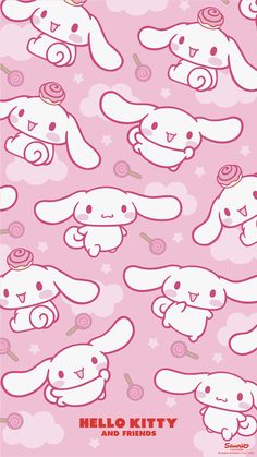 an image of some pink rabbits with donuts in their mouth and the words hello kitty on