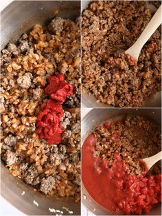 three pictures show the process of making meatballs and sauces in a skillet