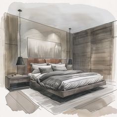 a drawing of a bedroom with a bed, nightstands and mirror on the wall