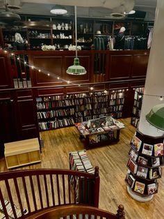 an overhead view of a library with many books on shelves and a green lamp hanging from the ceiling