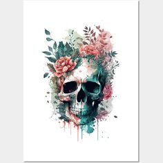 a skull with flowers on it's head and watercolor paint splatters