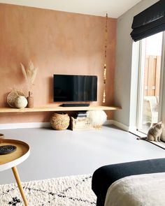 a living room with pink walls and white carpet