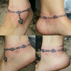 four different pictures of the same foot with tattoos on each ankle and one has a heart shaped