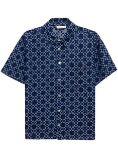 indigo blue cotton full jacquard classic collar short sleeves chest patch pocket front button fastening straight hem Indigo Cotton Short Sleeve Shirt, Blue Shirt With Patch Pockets And Spread Collar, Jacquard Shirt, Indigo Blue, Patch Pocket, Short Sleeves, Mens Shirts, Collar, Blue