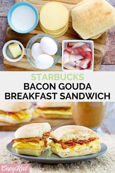 bacon and egg breakfast sandwiches on a cutting board with ingredients to make them in the background