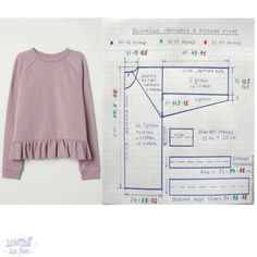 a pink sweater with ruffles on it next to a blueprinted drawing