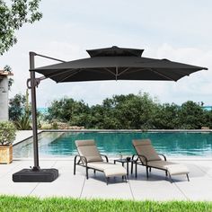 an outdoor patio with chairs and umbrella next to a swimming pool