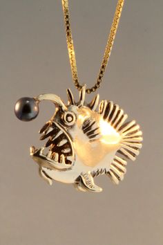 Angler Fish Gold Charm Pendant with Black Pearl - Angler Fish Jewelry - Fish Charm Fish Pendant Fish Necklace Bijoux Art Nouveau, Fish Jewelry, Fish Necklace, Fish Pendant, Angler Fish, Halloween Charms, Girly Jewelry, Jewelry Inspo, Black Pearl