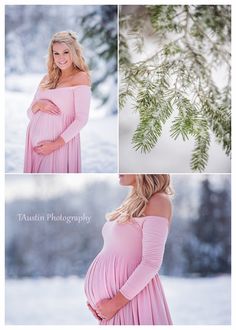 a pregnant woman in pink poses for her family's photo shoot with snow and evergreen branches