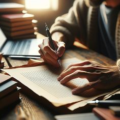 a person writing on a notebook with a pen in their hand while sitting at a table full of books